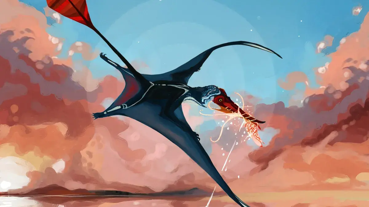 Pterosaur flying through the air with use of tail vane.