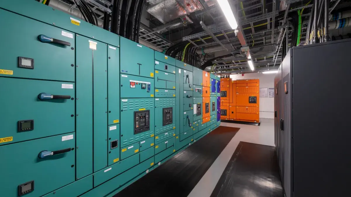 A large room and cabinets housing the supercomputing infrastructure at the University's Advanced Computing Facility.