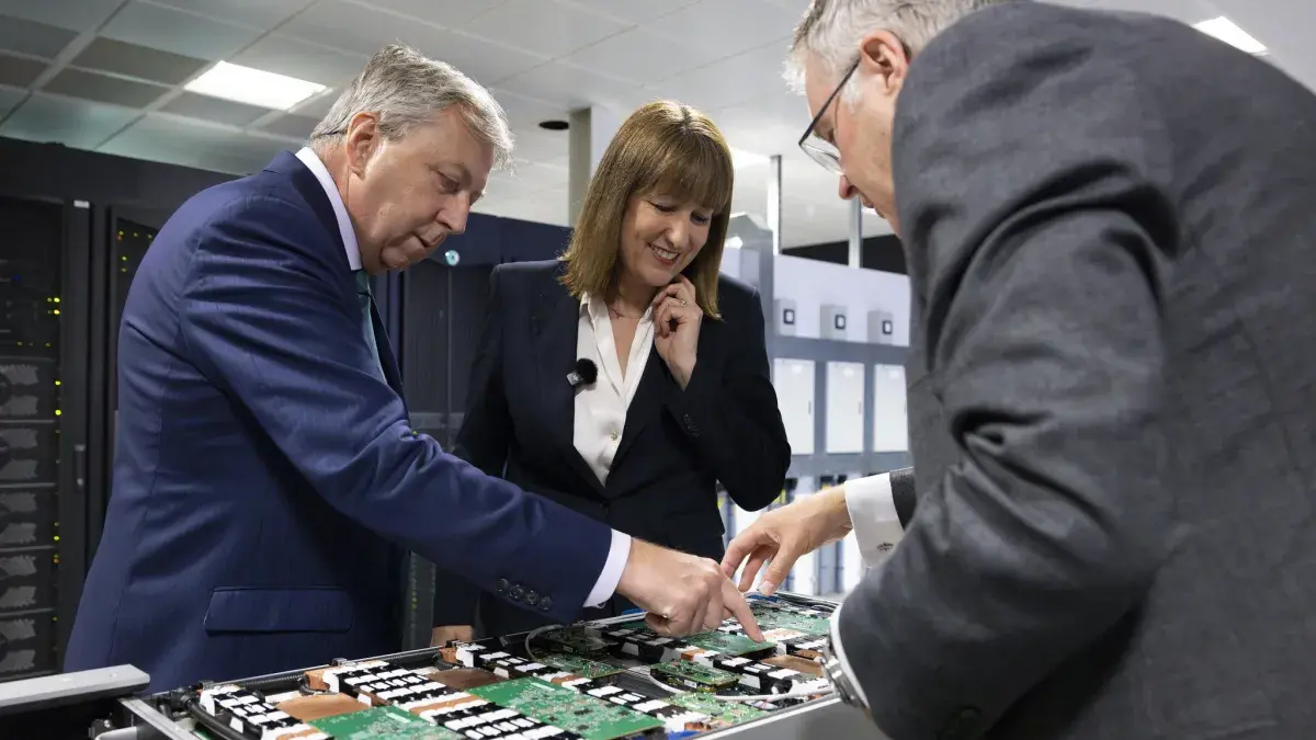 Rachel Reeves visits EPCC at the University L-R Professor Sir Peter Mathieson, Principal and Vice-Chancellor of the University of Edinburgh, Chancellor Rachel Reeves, and Mark Parsons, Director of EPCC (Credit Kirsty OConnor  Treasury)