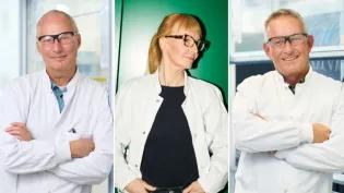 Individual images of Dr Thomas Kruse, Professor Lotte Bjerre Knudsen and Dr Jesper Lau, who have won the Cameron Prize for Therapeutics.