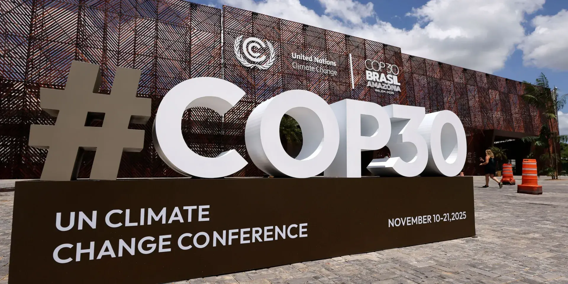 The COP30 logo is seen in front of the central building ahead of the COP30 Brazil Amazonia 2025 on November 3, 2025 in Belem, Brazil
