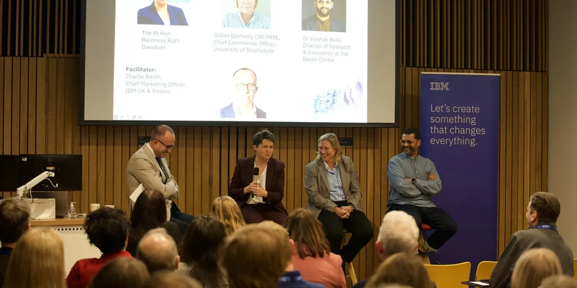 Debate event with audience, with IBM's Charlie Smith as facilitator, and panelists Baroness Ruth Davidson, Gill Docherty and Vaishak Belle