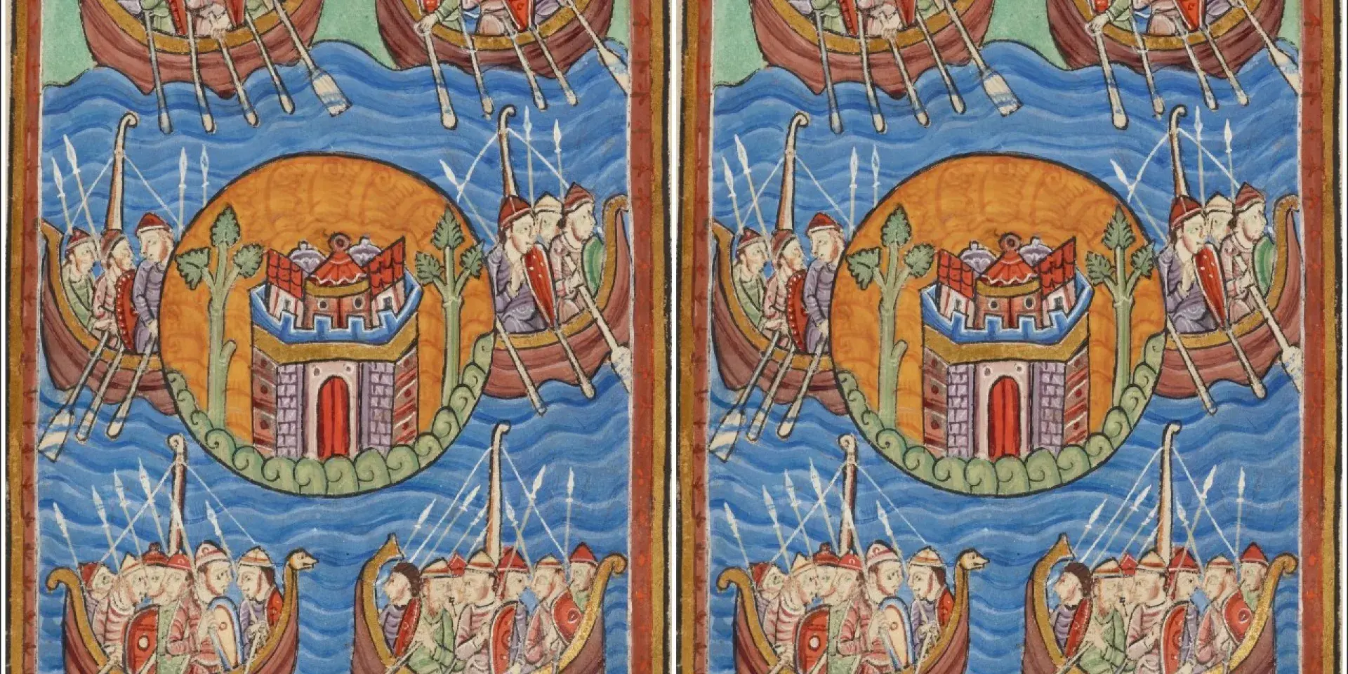 1130 depiction of Saxons, Jutes, and Angles crossing the sea to Britain. Reconstruction of a early medieval castle and boats