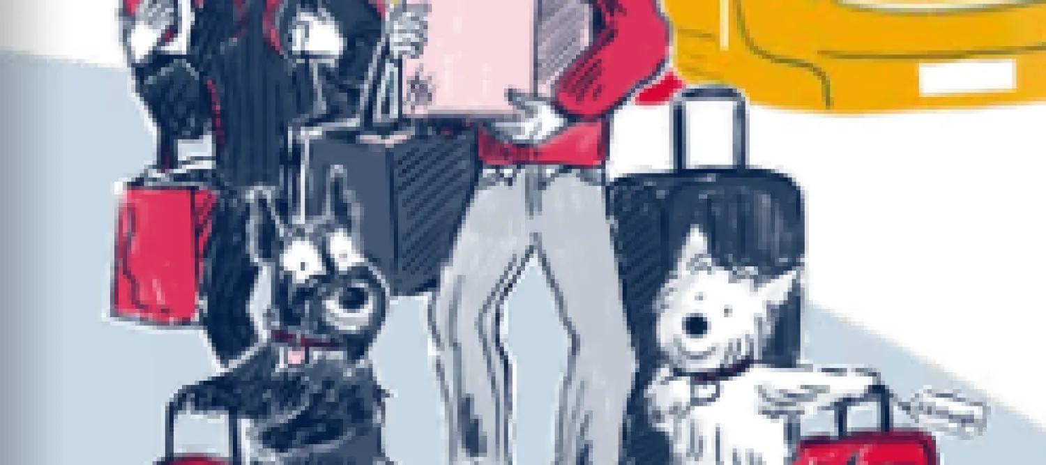 Image of students arriving at airport with suitcases