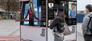 a mock up of photo panels featuring some of the faces of the Edinburgh Medical School 300 project at Edinburgh Mound Precinct