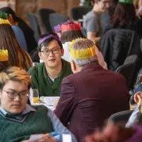 Staff and students wearing Christmas hats